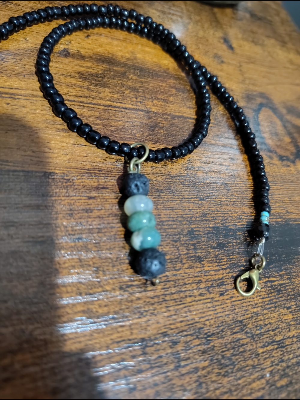 Black Beaded Men’s Necklace with Green Stone Accents, Handmade - Picture 3 of 6